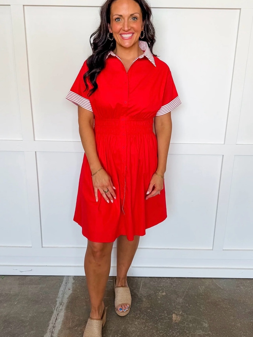 She + Sky Red Short-Sleeve Shirtdress with Striped Trim